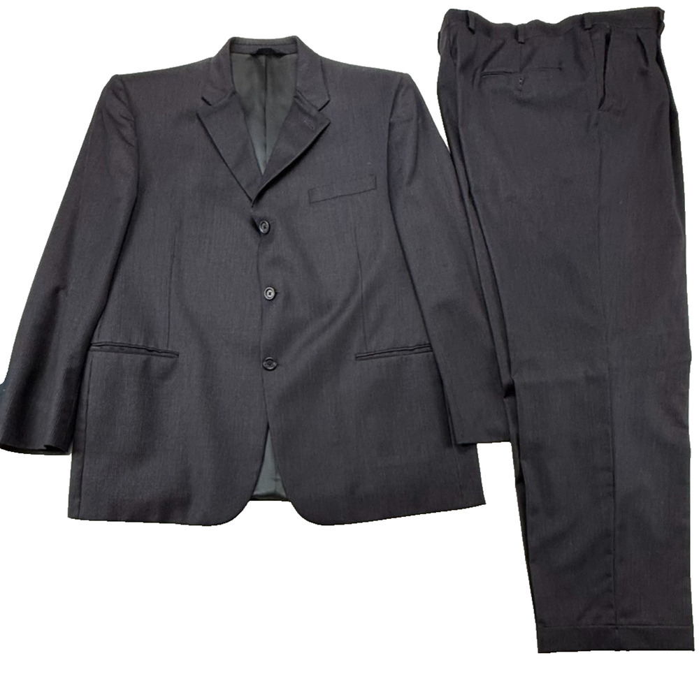 Burberry London Mens 46R Gray Pinstripe 100% Wool 2 Piece Suit Jacket Pants